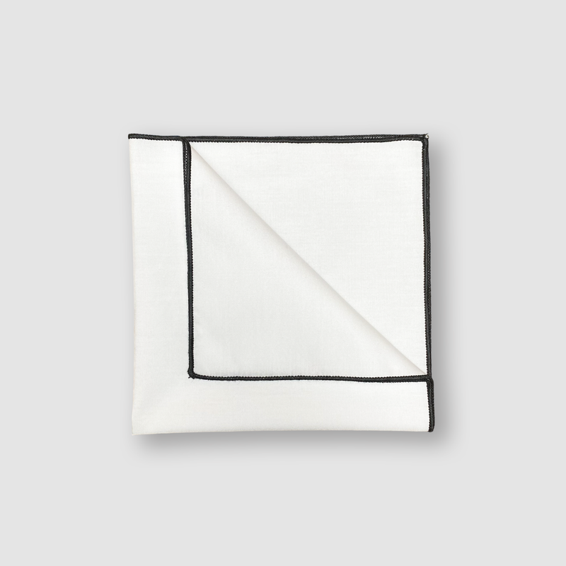 Carmen Harlan Collection's square, Elegant White Handkerchief, with black pearl edge detail.